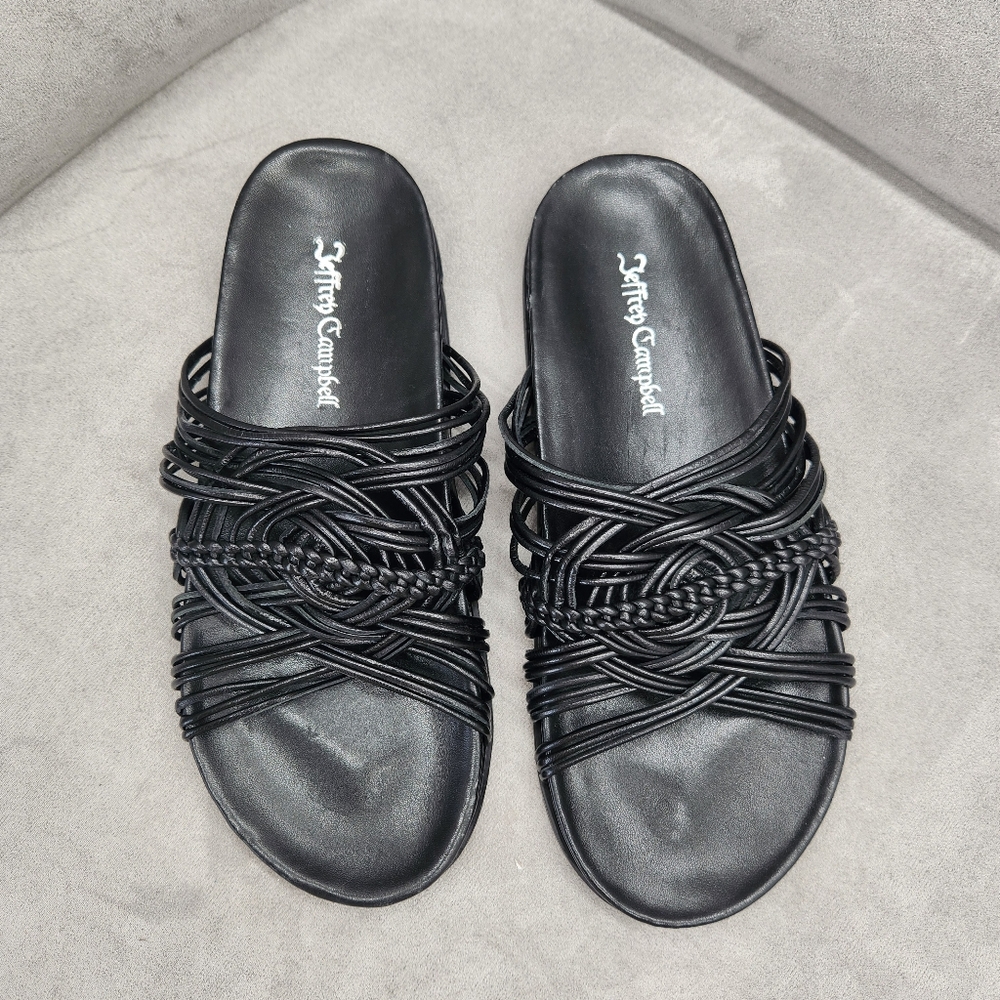 Jeffrey Campbell Slide Sandals 8.5 Narrow Black Woven Leather Intwined New $110